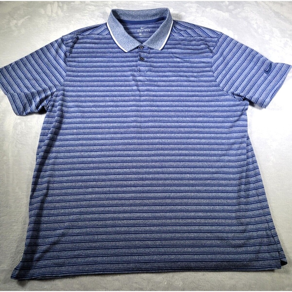 Nike Shirt Mens XL Polo Blue Striped‎ Dri-Fit Stretch Golf Short Sleeve Swoosh